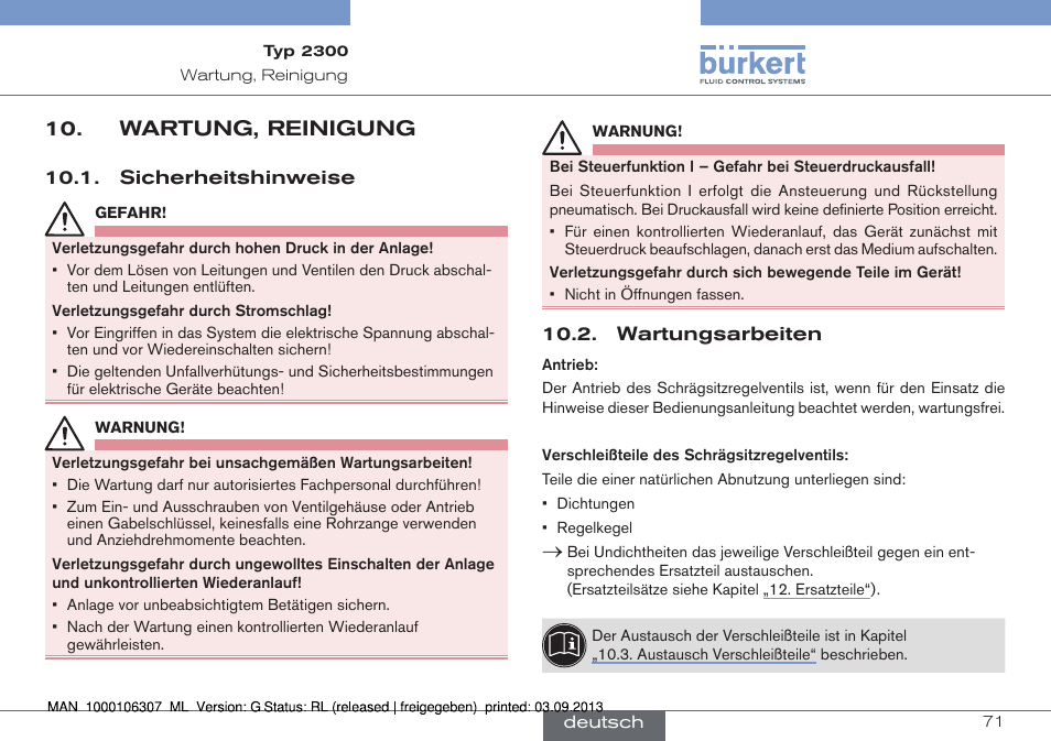 Wartung, reinigung, Sicherheitshinweise 10.2. wartungsarbeiten | Burkert Type 2300 User Manual | Page 71 / 130