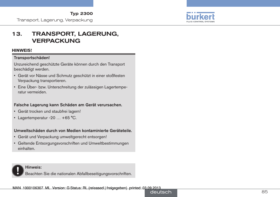 Transport, lagerung, verpackung | Burkert Type 2300 User Manual | Page 85 / 130