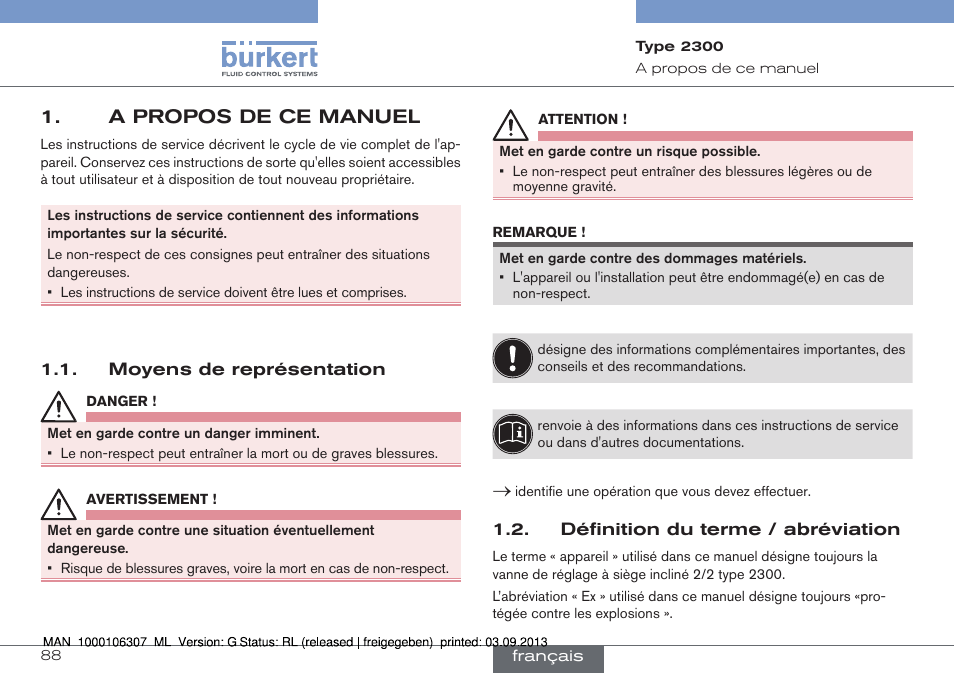 A propos de ce manuel | Burkert Type 2300 User Manual | Page 88 / 130