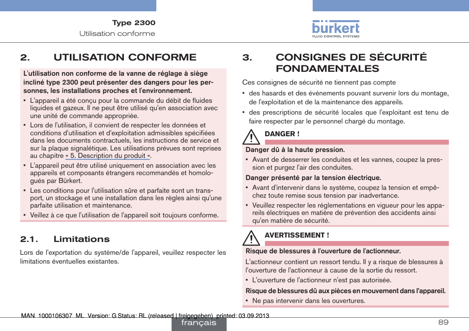 Utilisation conforme, Limitations, Consignes de sécurité fondamentales | Burkert Type 2300 User Manual | Page 89 / 130