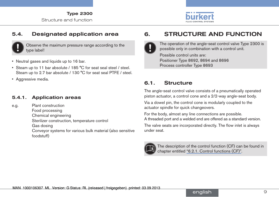 Designated application area, Structure and function, Structure | Burkert Type 2300 User Manual | Page 9 / 130