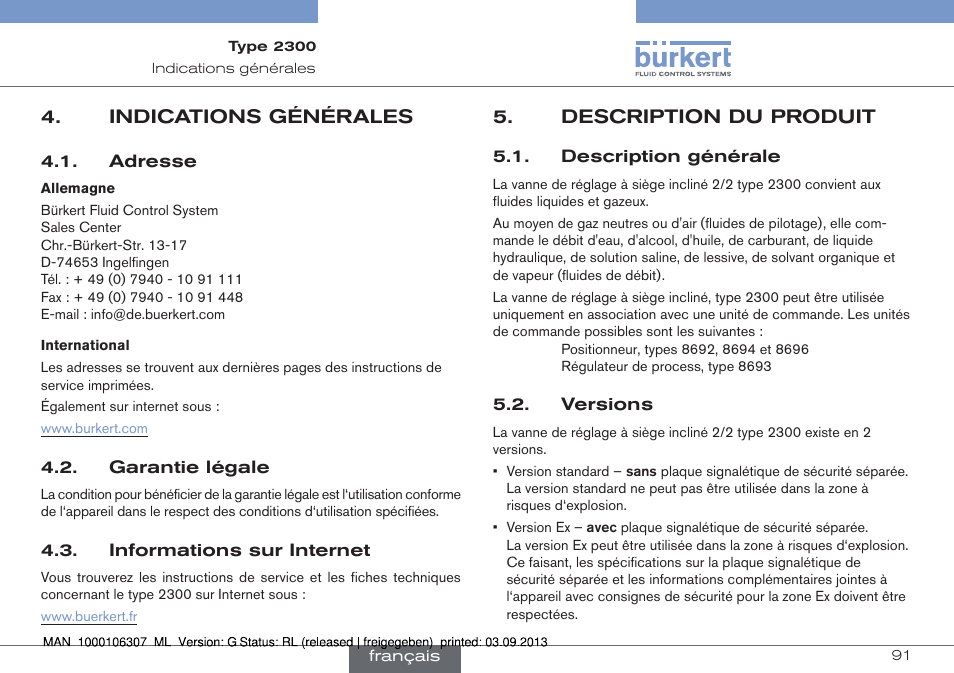 Indications générales, Description du produit, Description générale 5.2. versions | Burkert Type 2300 User Manual | Page 91 / 130