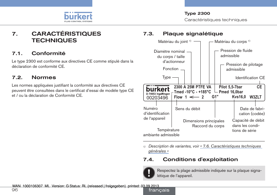 Caractéristiques techniques | Burkert Type 2300 User Manual | Page 96 / 130