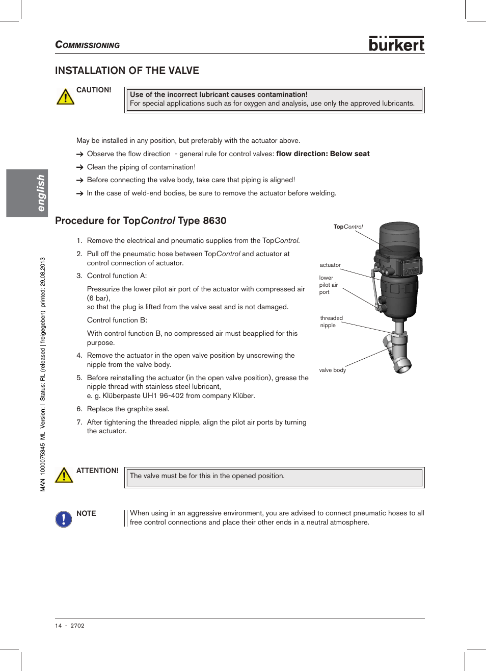 English, Installation of the valve, Procedure for top control type 8630 | Burkert Type 2702 User Manual | Page 14 / 94