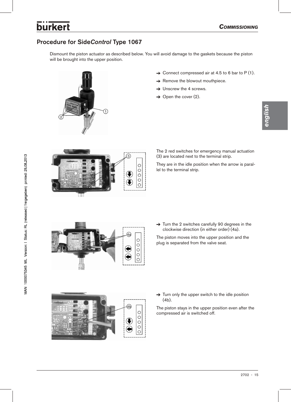 English, Procedure for side control type 1067 | Burkert Type 2702 User Manual | Page 15 / 94