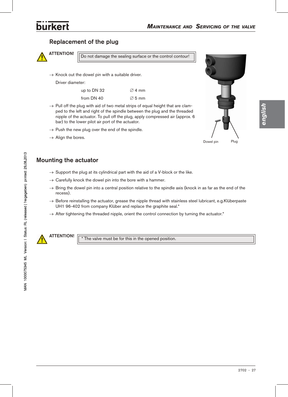 English, Mounting.the.actuator, Replacement.of.the.plug | Burkert Type 2702 User Manual | Page 27 / 94