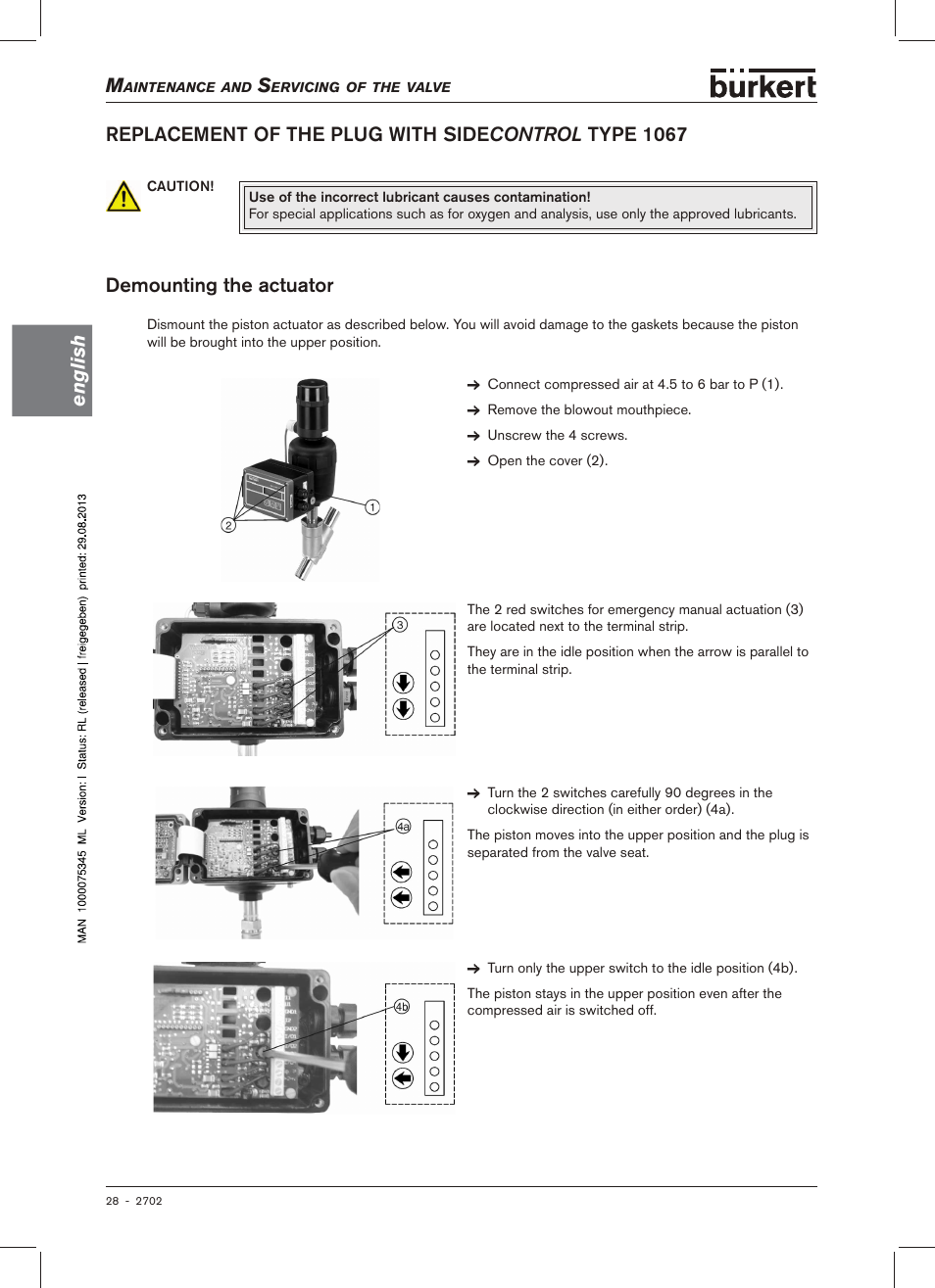 With.side control .type.1067, English, Demounting.the.actuator | Burkert Type 2702 User Manual | Page 28 / 94