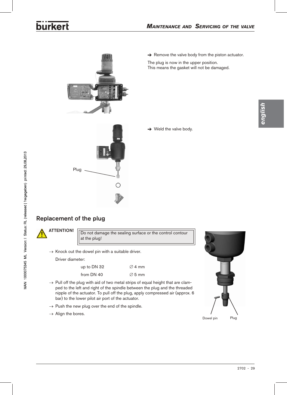 English, Replacement.of.the.plug | Burkert Type 2702 User Manual | Page 29 / 94