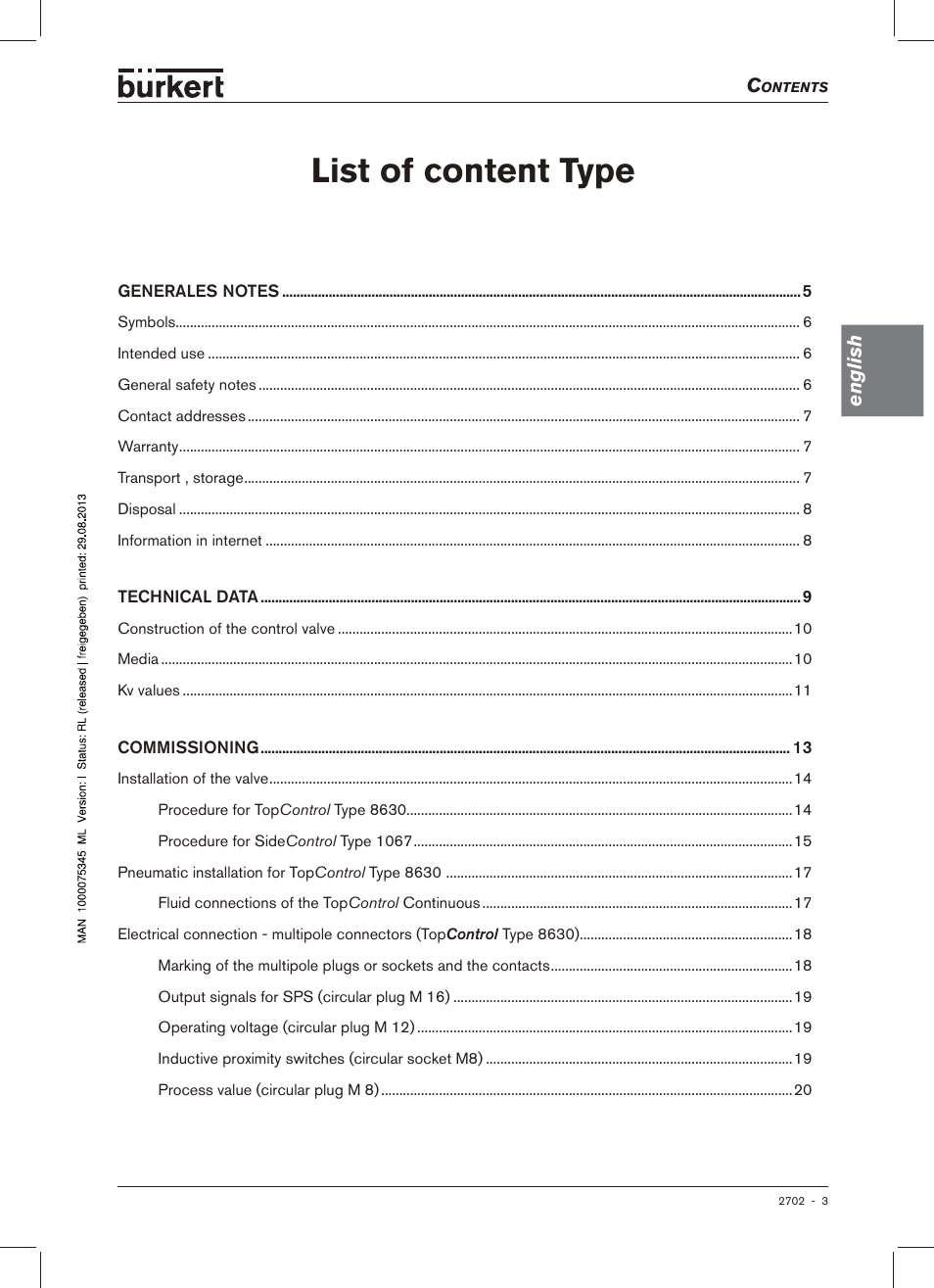 English, List of content type | Burkert Type 2702 User Manual | Page 3 / 94