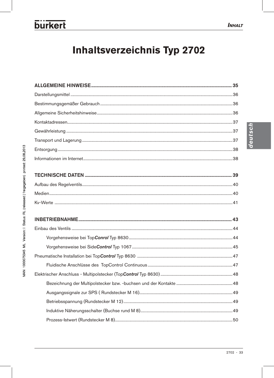 Deutsch, Inhaltsverzeichnis typ 2702 | Burkert Type 2702 User Manual | Page 33 / 94