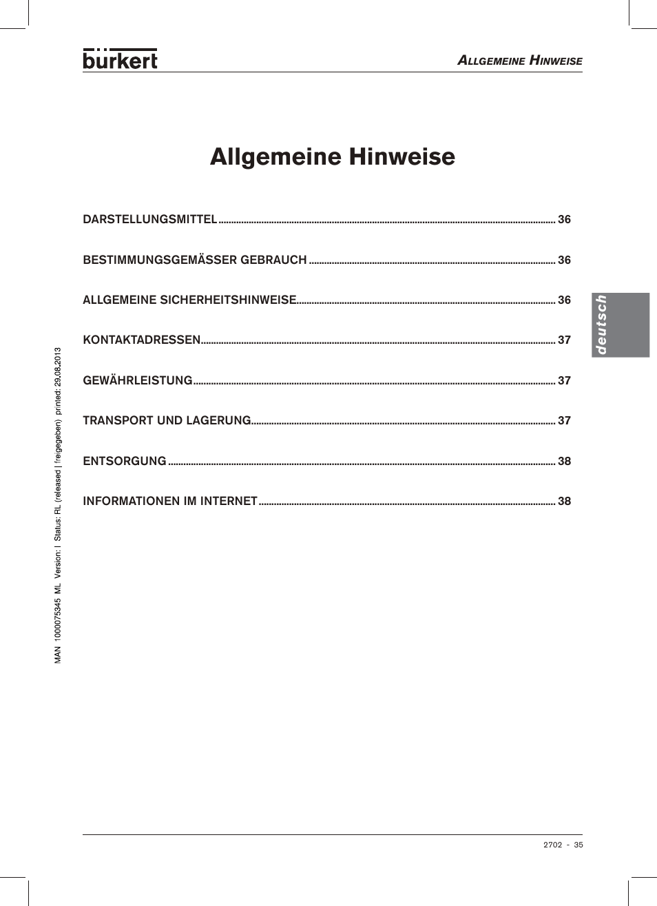 Allgemeine hinweise | Burkert Type 2702 User Manual | Page 35 / 94