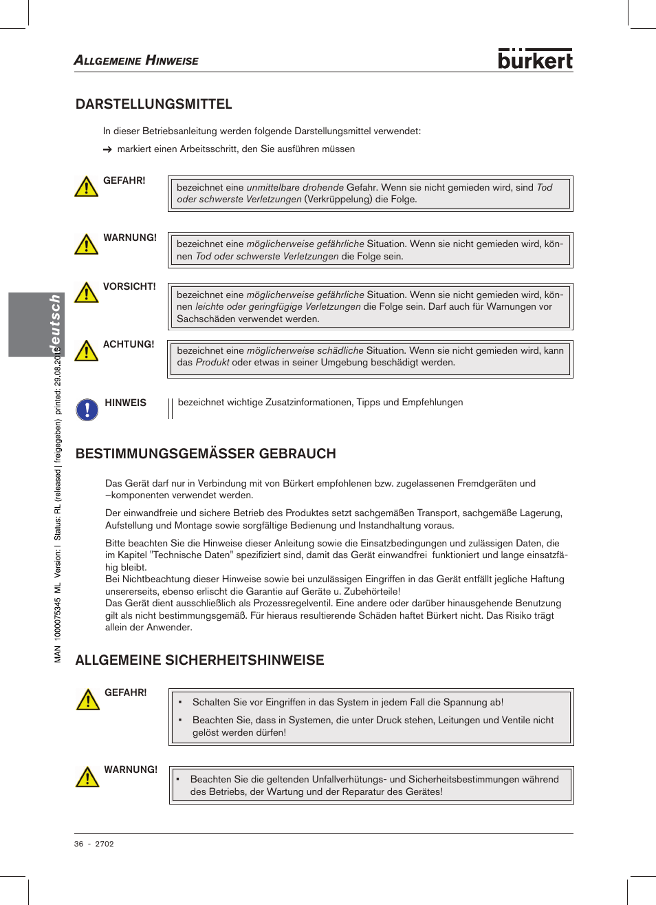 Darstellungsmittel, Bestimmungsgemässer.gebrauch, Allgemeine.sicherheitshinweise | Deutsch | Burkert Type 2702 User Manual | Page 36 / 94