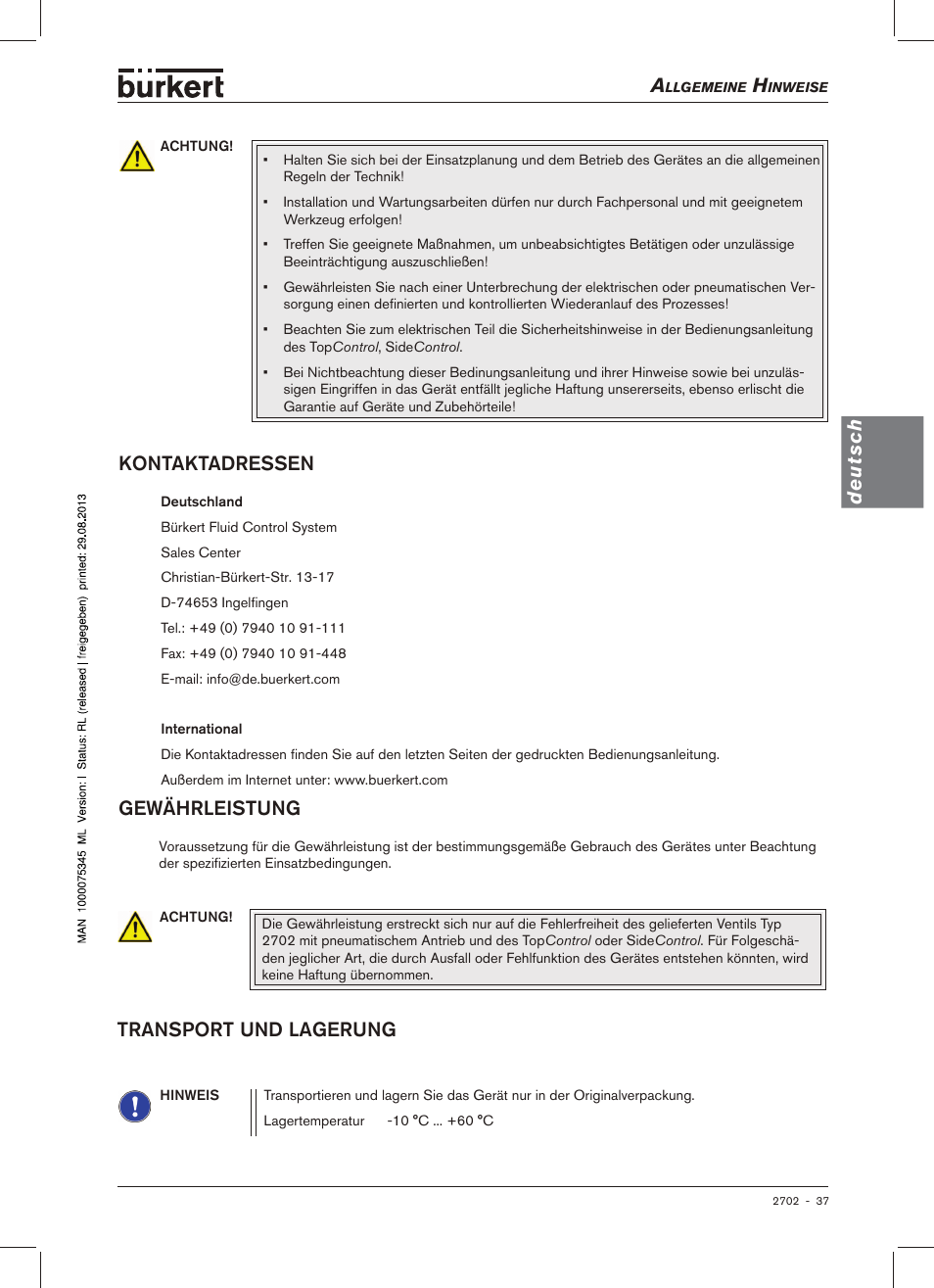 Ressen, Gewährleistung, Transport.und.lagerung | Deutsch gewährleistung, Kontaktadressen | Burkert Type 2702 User Manual | Page 37 / 94