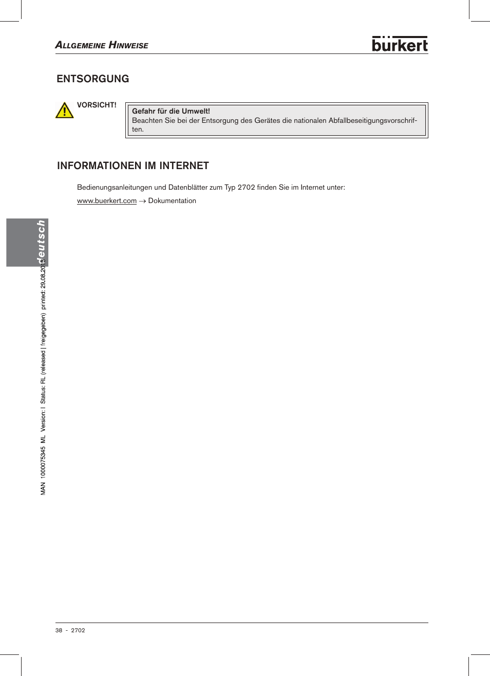 Entsorgung, Informationen.im.internet, Deutsch entsorgung informationen.im.internet | Burkert Type 2702 User Manual | Page 38 / 94