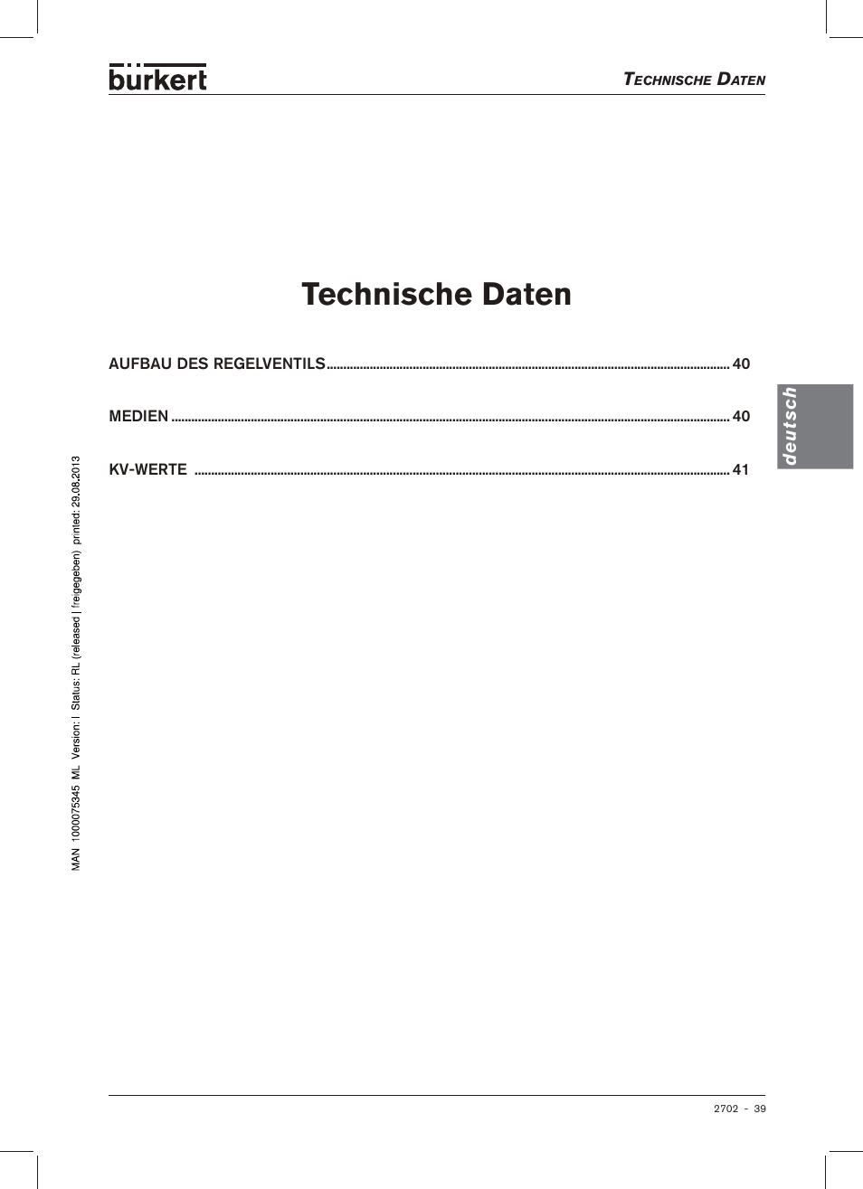 Technische daten | Burkert Type 2702 User Manual | Page 39 / 94