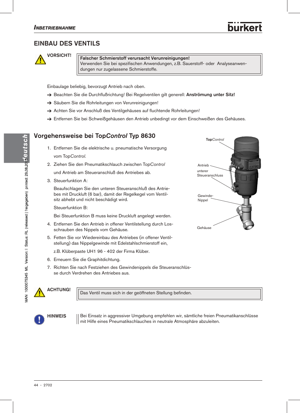 Einbau des ventils, Vorgehensweise bei top conrol typ 8630, Deutsch | Vorgehensweise bei top control typ 8630 | Burkert Type 2702 User Manual | Page 44 / 94