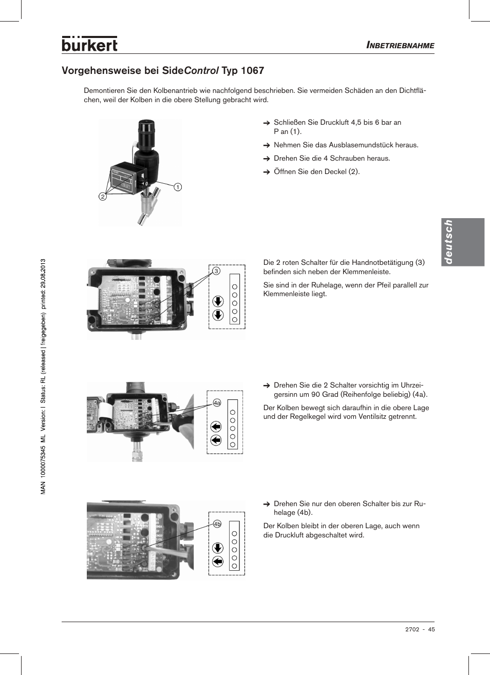 Vorgehensweise bei side control typ 1067, Deutsch | Burkert Type 2702 User Manual | Page 45 / 94