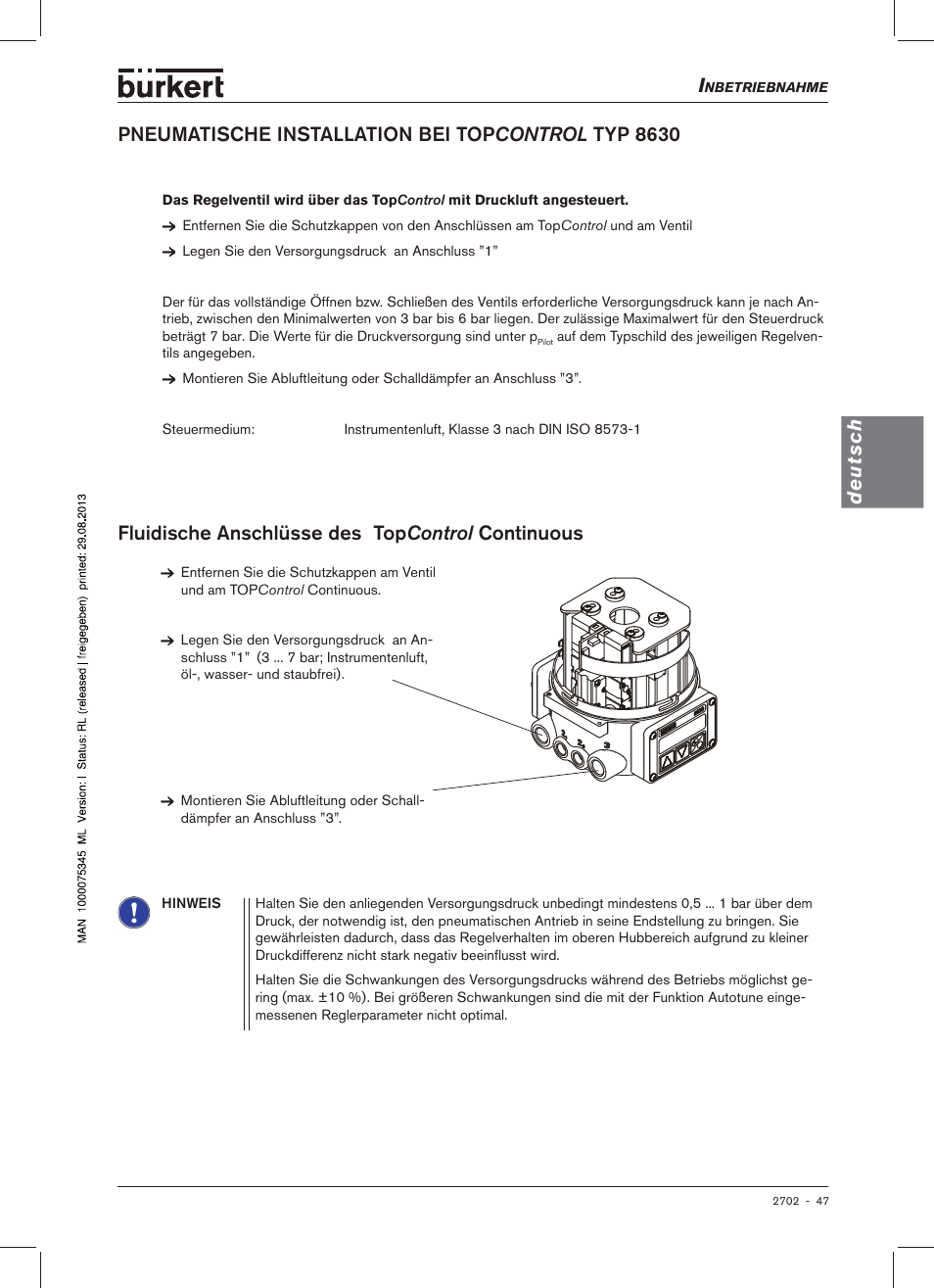 Pneumatische installation bei top control typ 8630, Fluidische anschlüsse des top control continuous, Deutsch | Burkert Type 2702 User Manual | Page 47 / 94