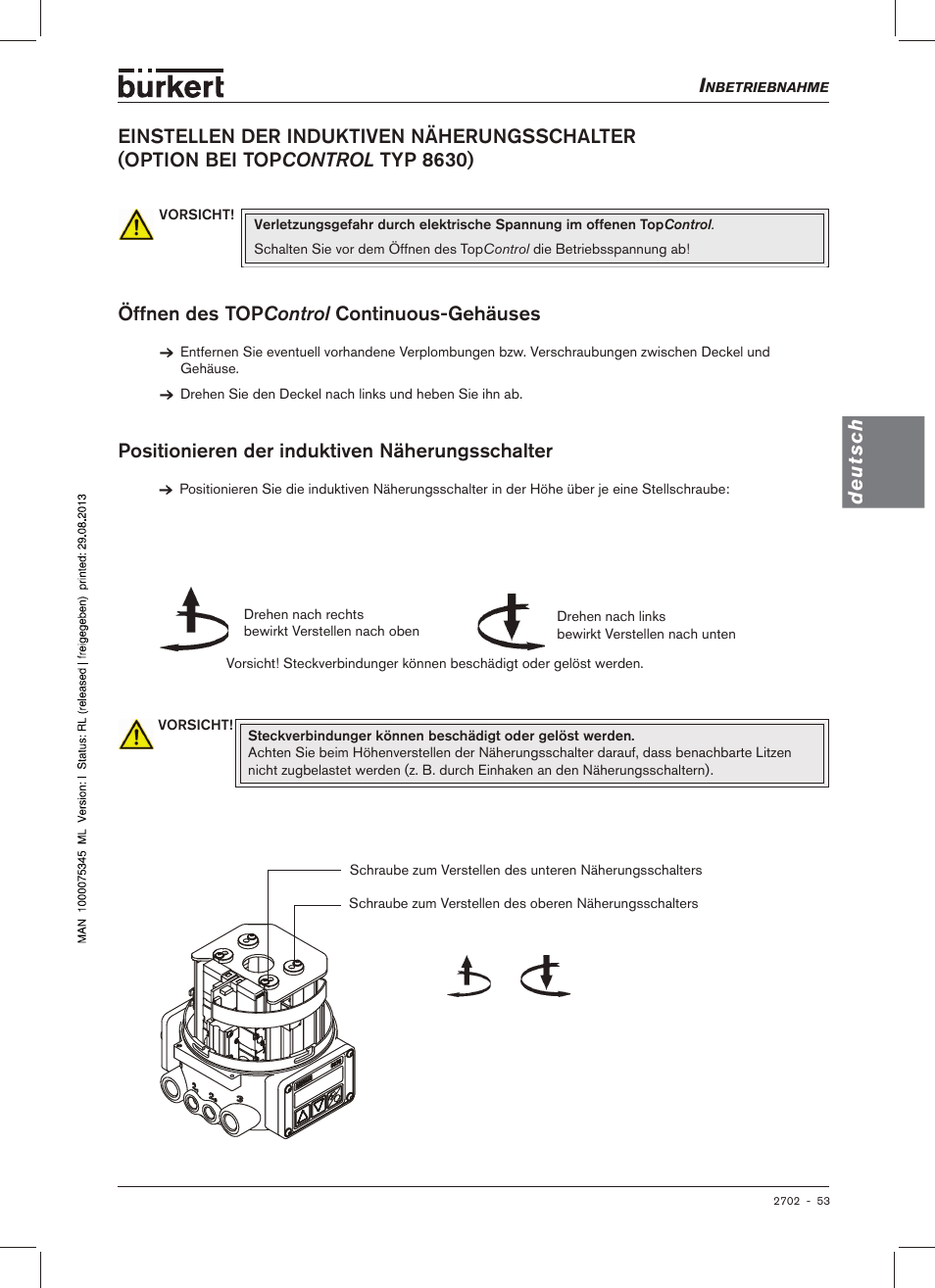 Öffnen des top control continuous-gehäuses, Positionieren der induktiven näherungsschalter, Deutsch | Burkert Type 2702 User Manual | Page 53 / 94