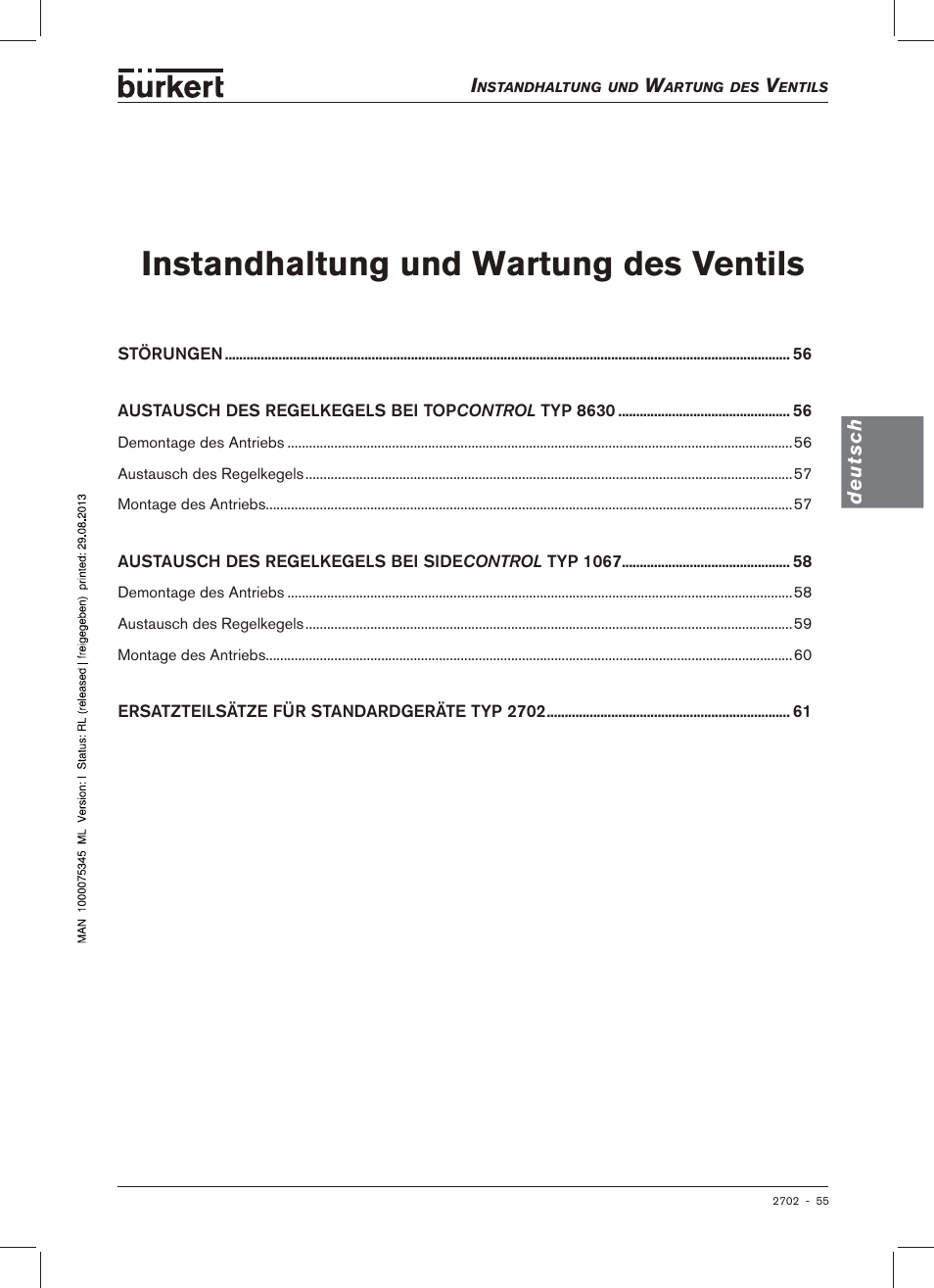 Instandhaltung und wartung des ventils | Burkert Type 2702 User Manual | Page 55 / 94