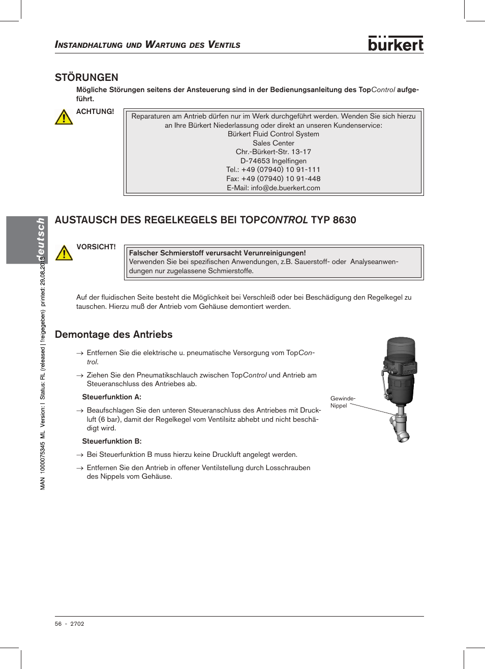 Störungen, Demontage des antriebs, Deutsch störungen | Demontage.des.antriebs | Burkert Type 2702 User Manual | Page 56 / 94