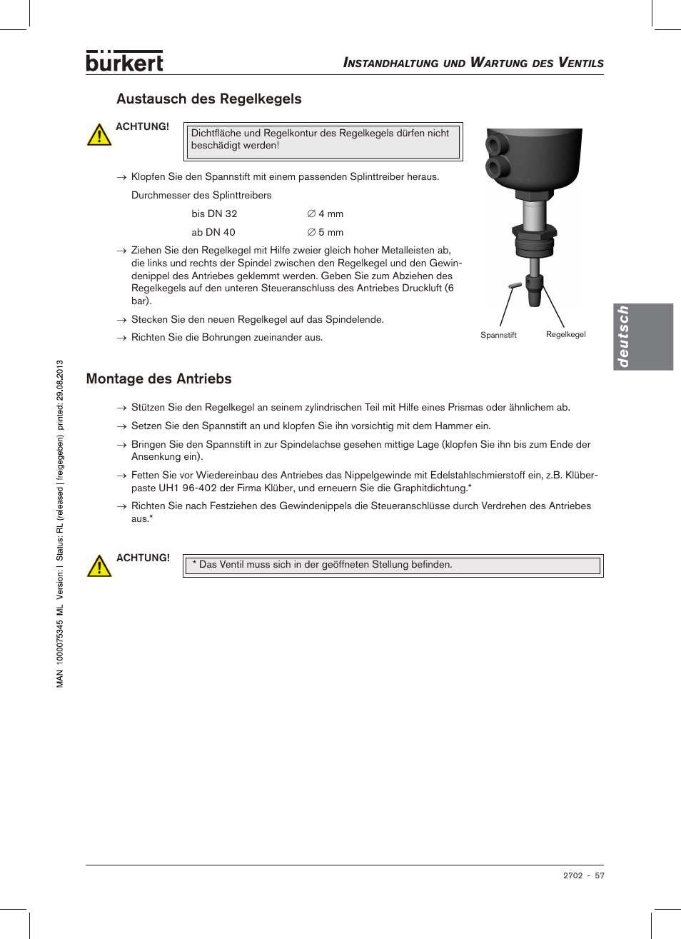 Austausch des regelkegels, Montage des antriebs, Deutsch | Montage.des.antriebs, Austausch.des.regelkegels | Burkert Type 2702 User Manual | Page 57 / 94