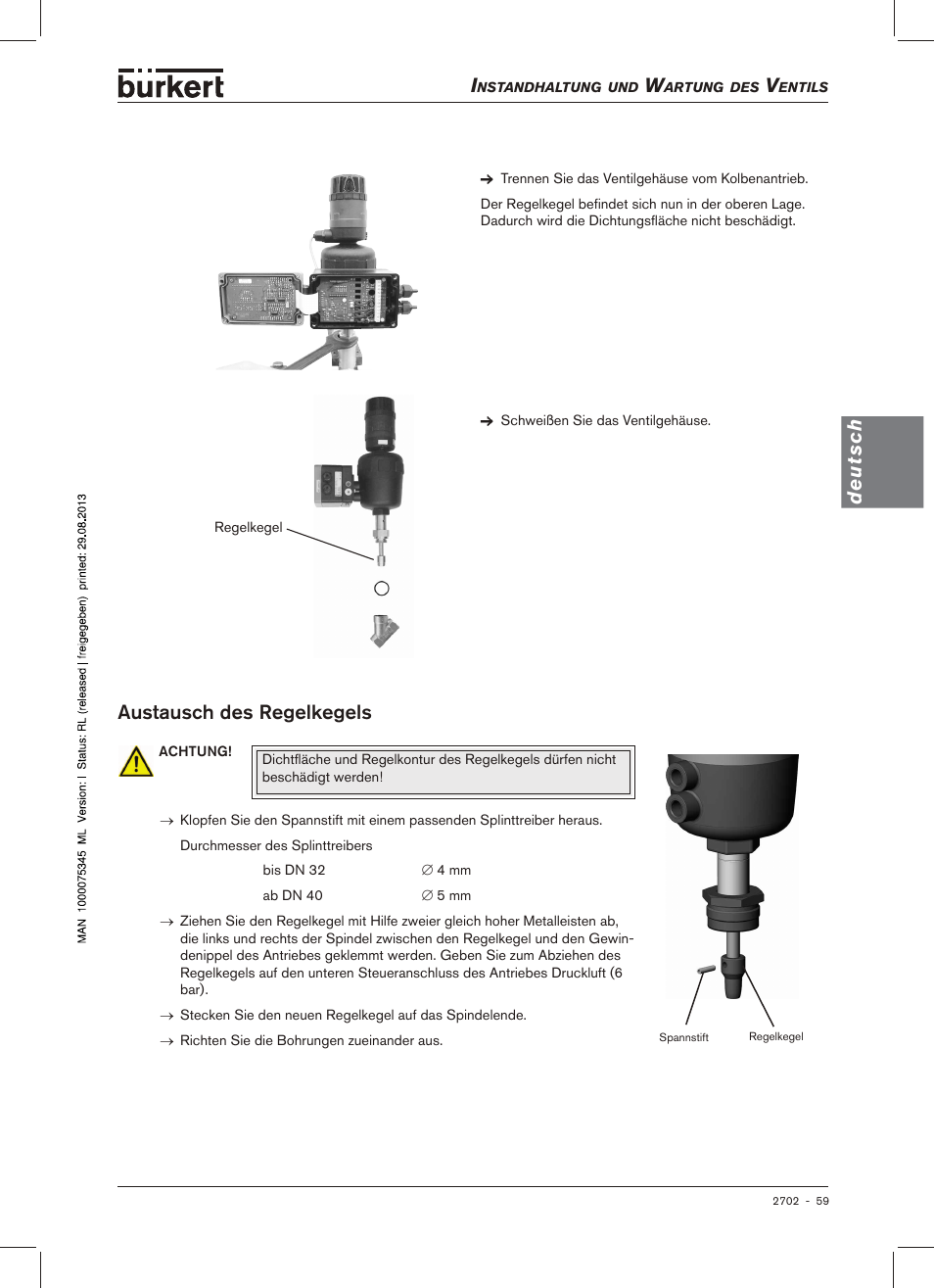 Austausch des regelkegels, Deutsch, Austausch.des.regelkegels | Burkert Type 2702 User Manual | Page 59 / 94