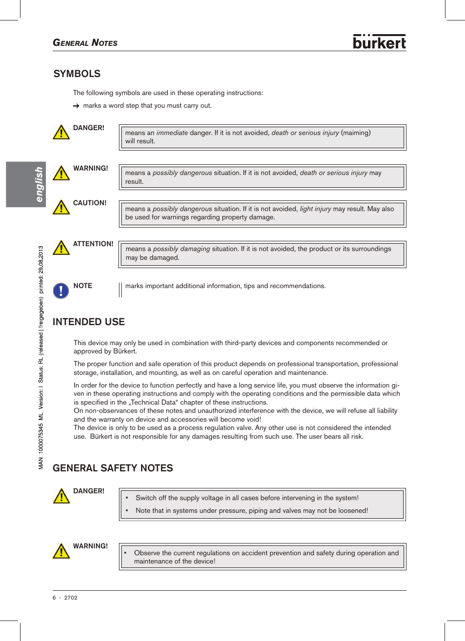 English, Symbols | Burkert Type 2702 User Manual | Page 6 / 94