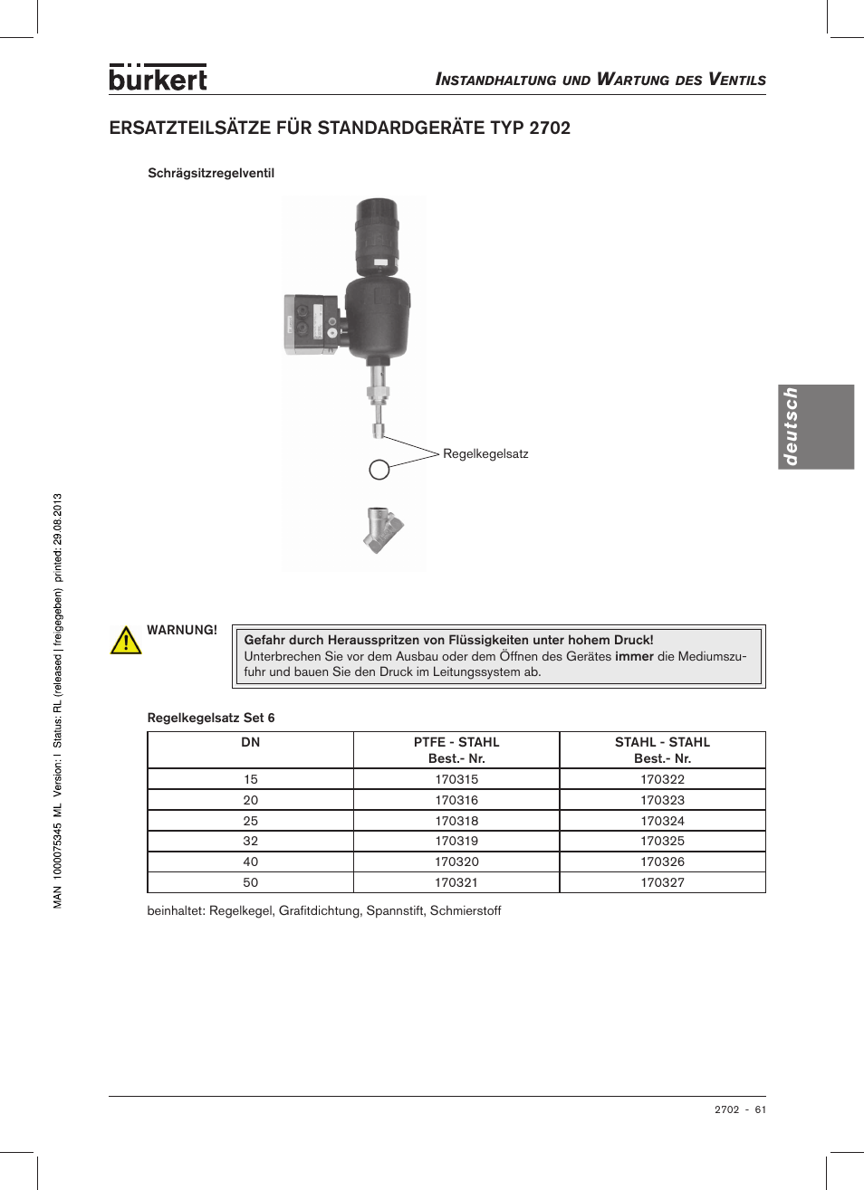 Ersatzteilsätze.für.standardgeräte.typ.2702, Deutsc h, Ersatzteilsätze für standardgeräte typ 2702 | Burkert Type 2702 User Manual | Page 61 / 94