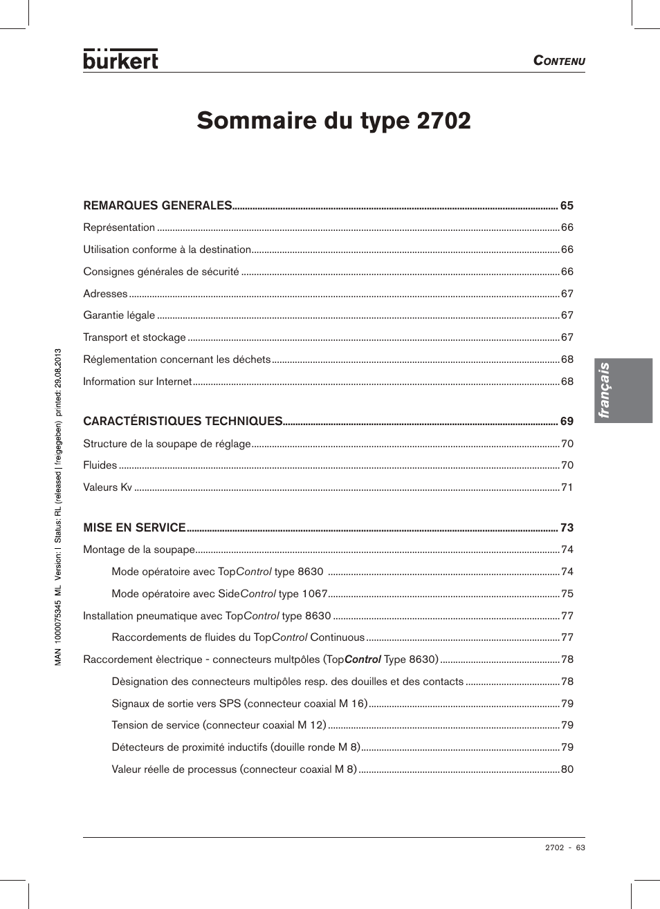 Francais, Sommaire du type 2702 | Burkert Type 2702 User Manual | Page 63 / 94