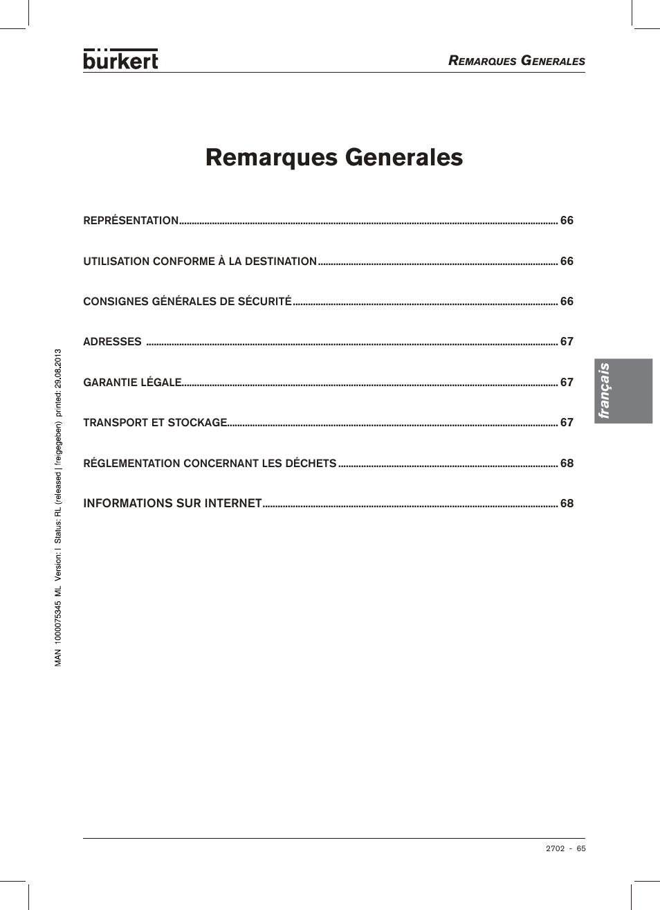 Remarques generales | Burkert Type 2702 User Manual | Page 65 / 94