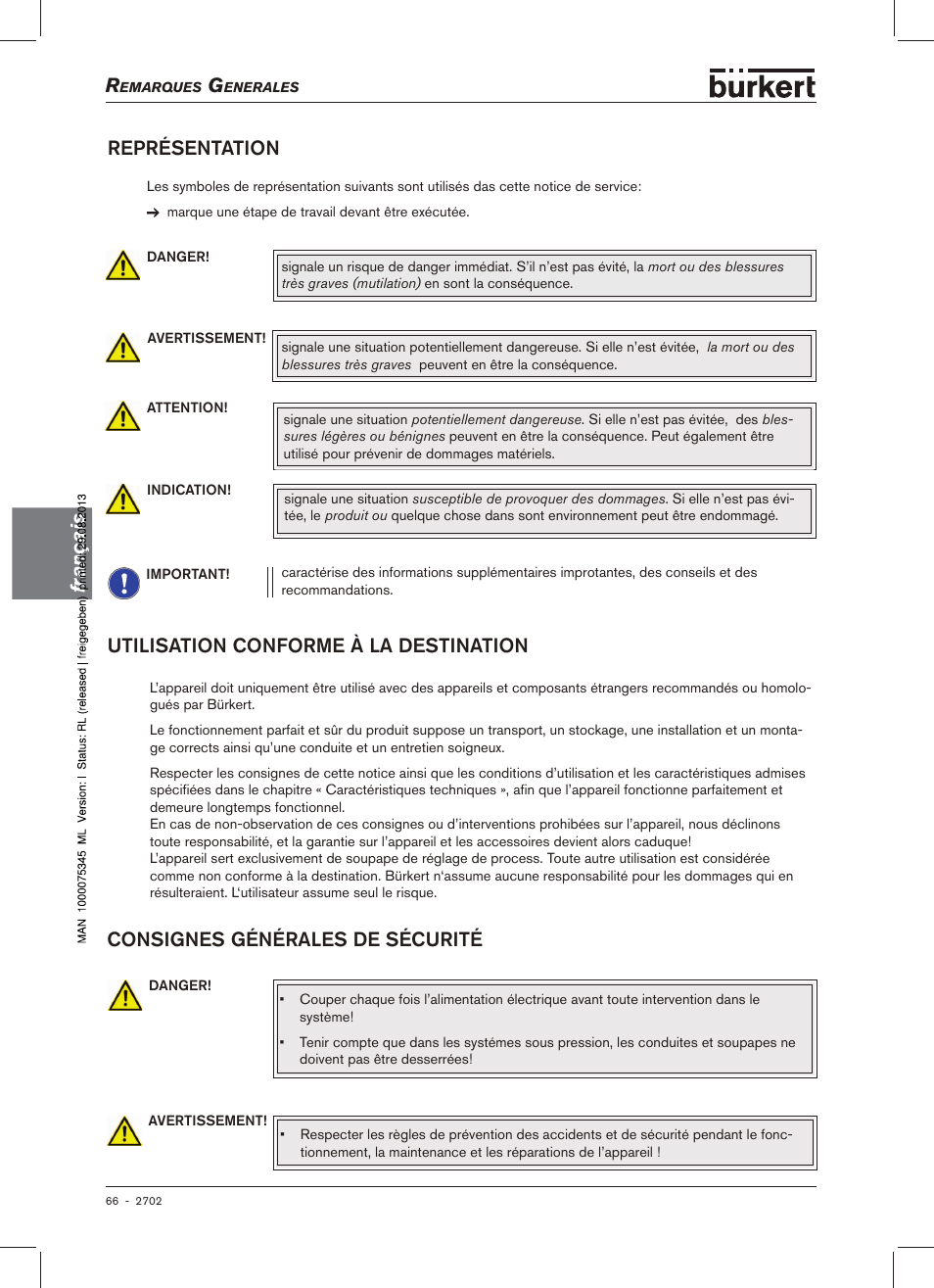 Tion, Français, Représentation | Consignes.générales.de.sécurité, Utilisation.conforme.à.la.destination | Burkert Type 2702 User Manual | Page 66 / 94