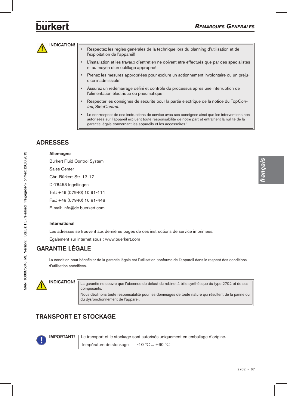 Ockage, Français garantie.légale, Adresses | Transport.et.stockage | Burkert Type 2702 User Manual | Page 67 / 94