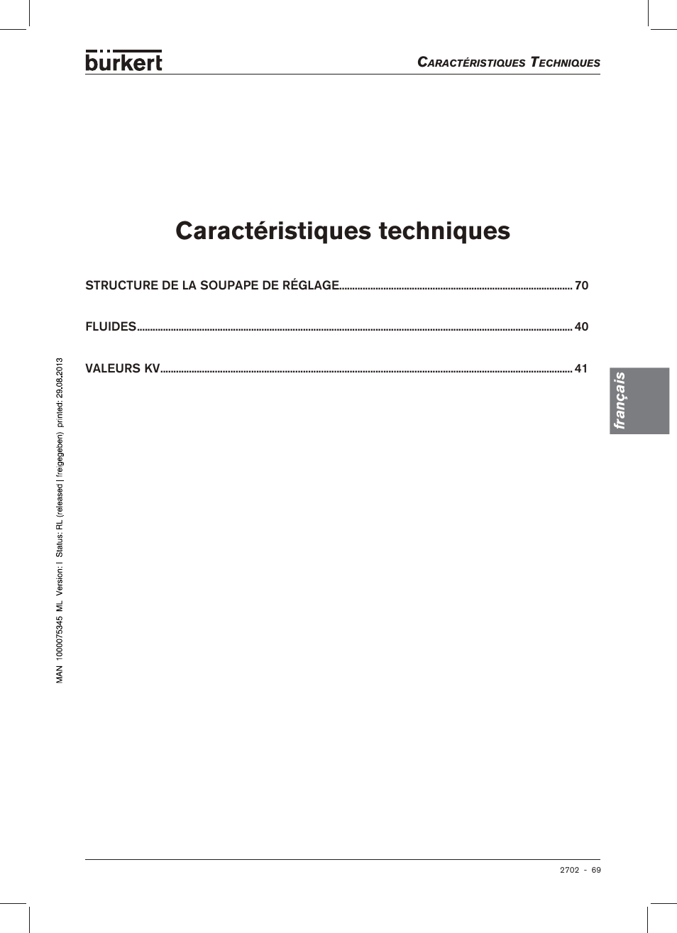 Caractéristiques techniques | Burkert Type 2702 User Manual | Page 69 / 94