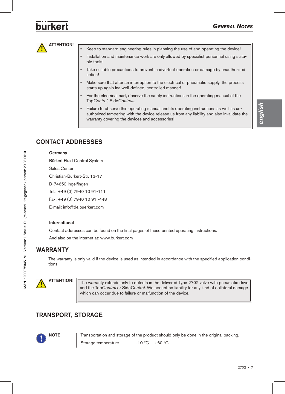 Warranty, English warranty, Contact.addresses | Transport,.storage | Burkert Type 2702 User Manual | Page 7 / 94