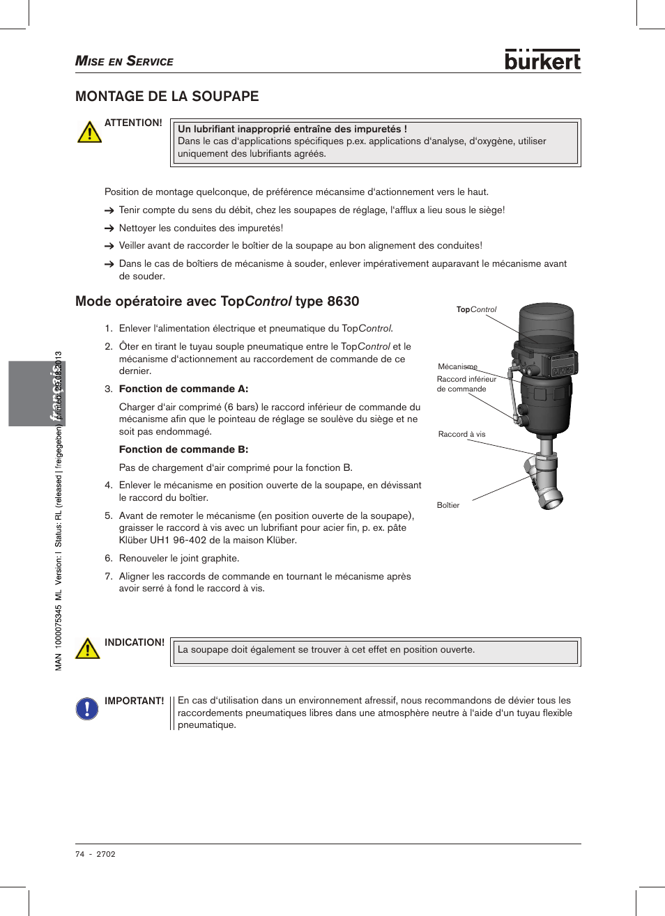 Age de la soupape, Français, Montage de la soupape | Mode opératoire avec top control type 8630 | Burkert Type 2702 User Manual | Page 74 / 94