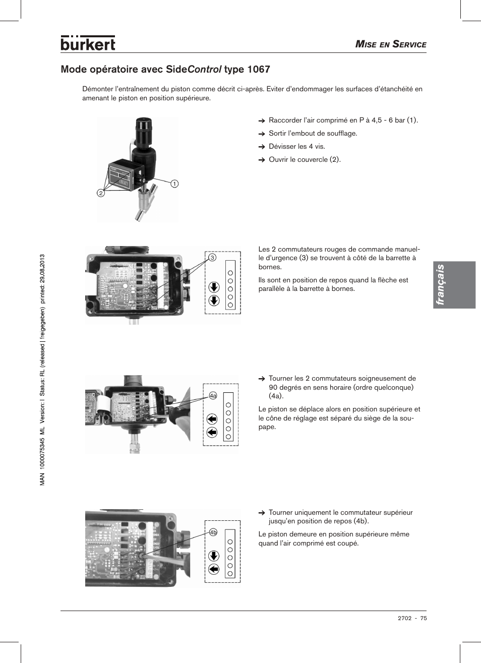 Français, Mode opératoire avec side control type 1067 | Burkert Type 2702 User Manual | Page 75 / 94