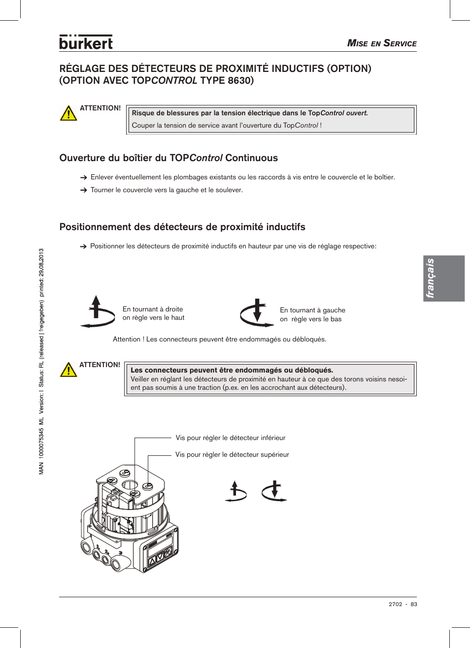 Fs (option avec top control type 8630), Continuous, Français | Burkert Type 2702 User Manual | Page 83 / 94