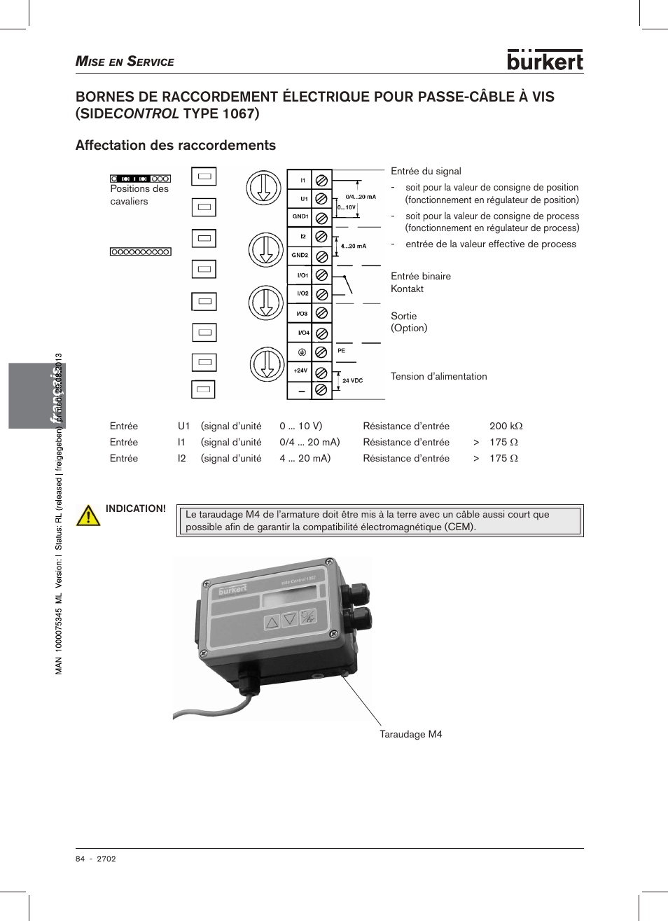 S (side control type 1067), Affectation des raccordements | Burkert Type 2702 User Manual | Page 84 / 94