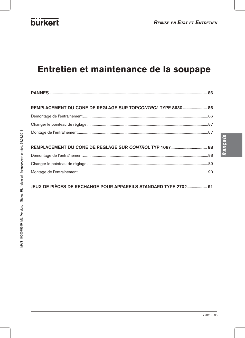 Entretien et maintenance de la soupape | Burkert Type 2702 User Manual | Page 85 / 94