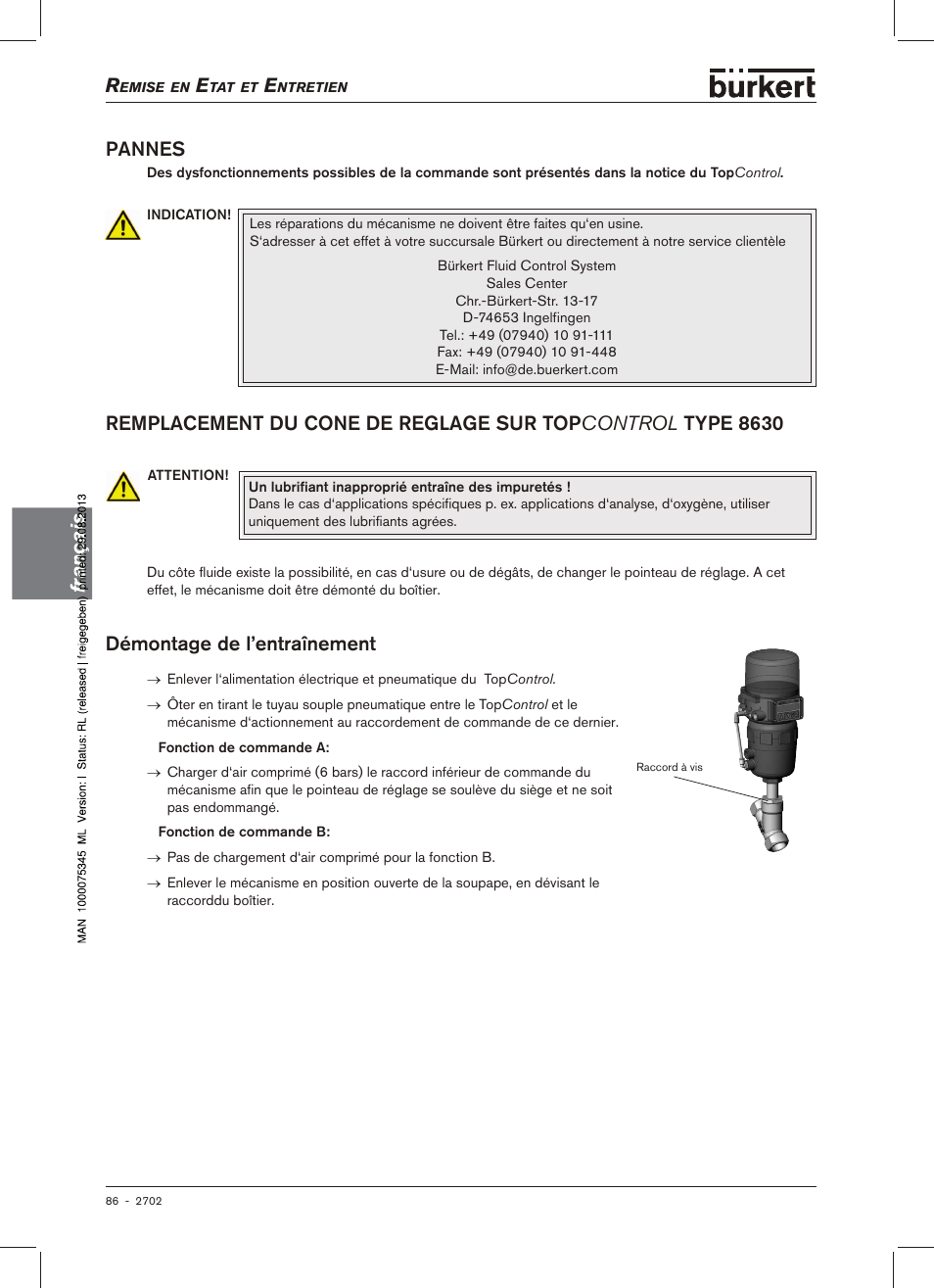 Pannes, Français pannes, Démontage.de.l’entraînement | Burkert Type 2702 User Manual | Page 86 / 94