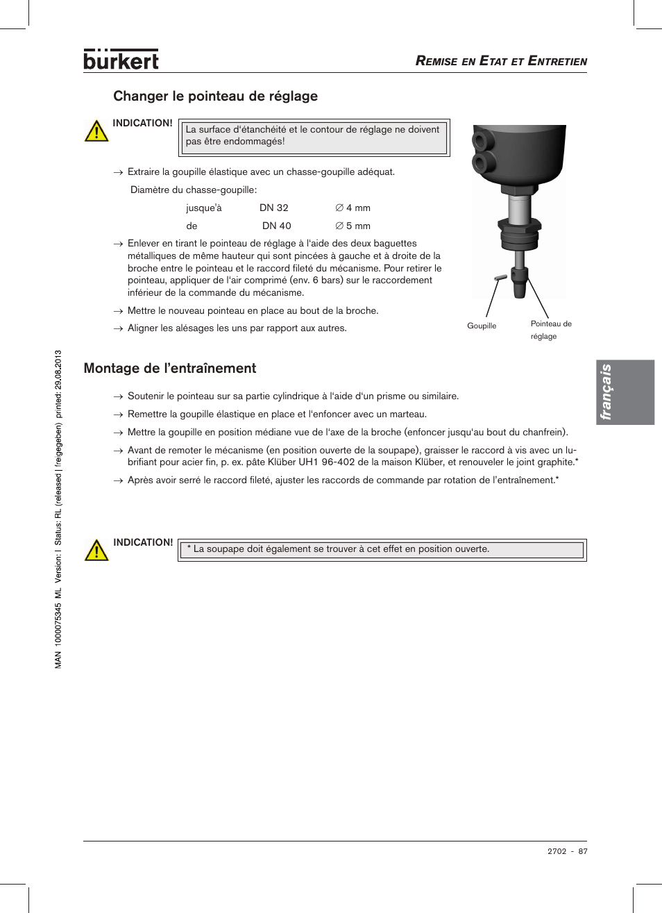 Montage de l’entraînement, Français, Montage.de.l’entraînement | Changer.le.pointeau.de.réglage | Burkert Type 2702 User Manual | Page 87 / 94