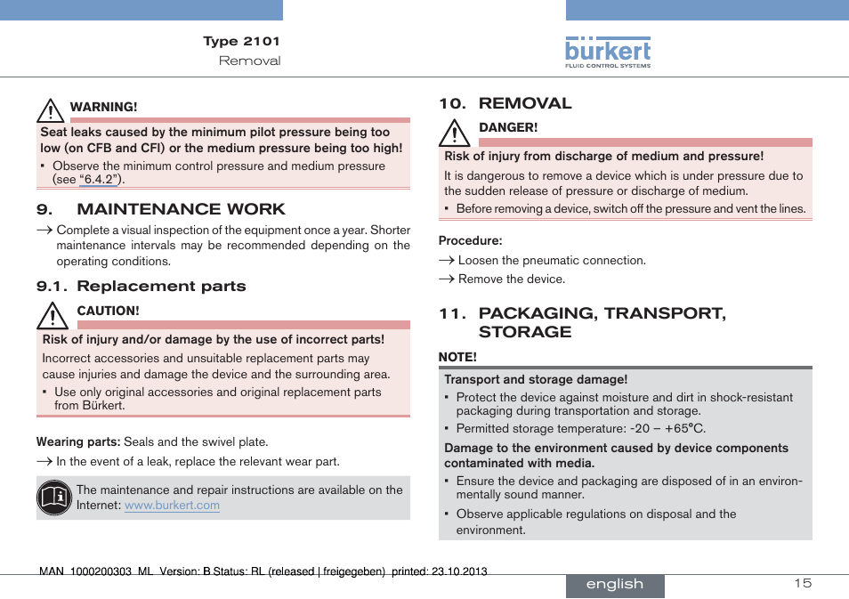 Maintenance work, Removal, Packaging, transport, storage | Burkert Type 2101 User Manual | Page 15 / 46