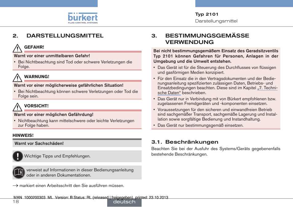 Darstellungsmittel, Bestimmungsgemässe verwendung, Mungsgemäße verwendung | Burkert Type 2101 User Manual | Page 18 / 46
