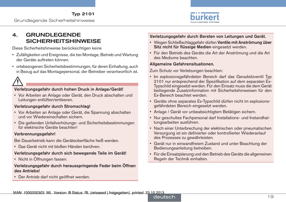 Grundlegende sicherheitshinweise, Grundlegende sicherheitshinweise“ und „bestim | Burkert Type 2101 User Manual | Page 19 / 46