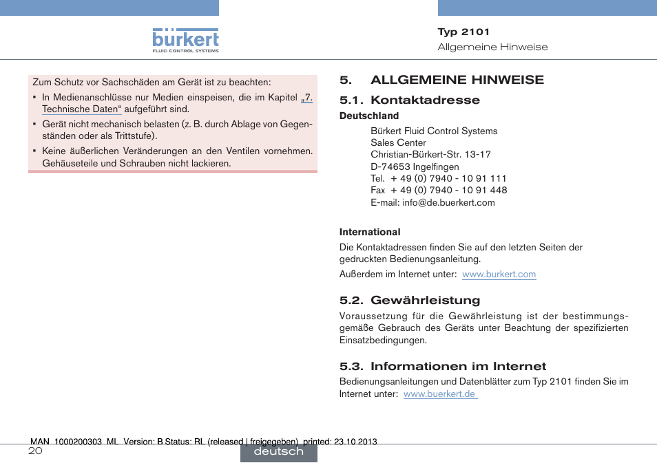 Allgemeine hinweise | Burkert Type 2101 User Manual | Page 20 / 46