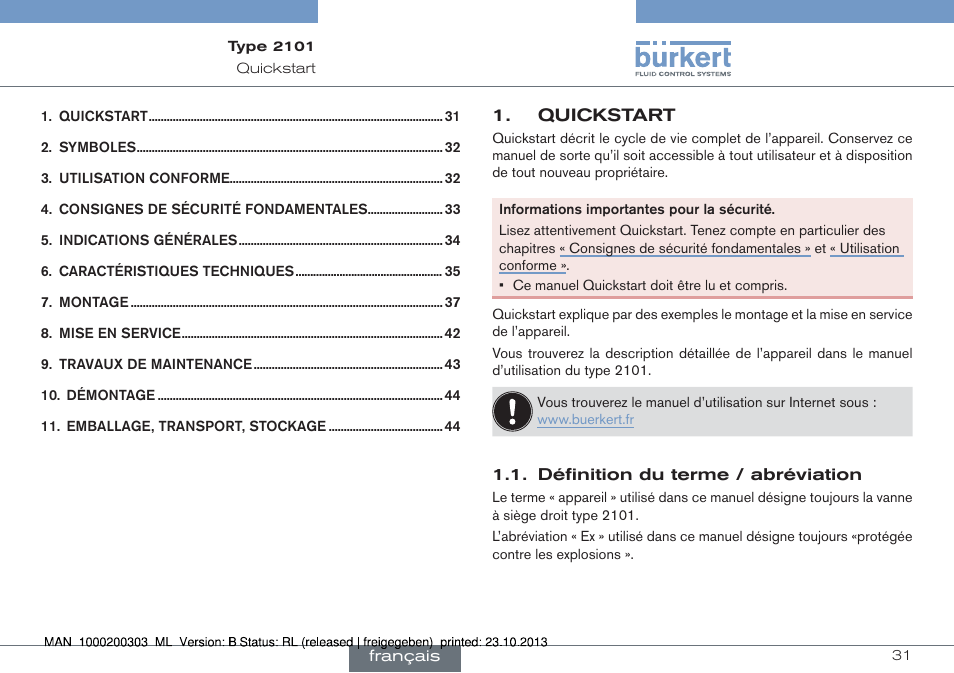 Français | Burkert Type 2101 User Manual | Page 31 / 46