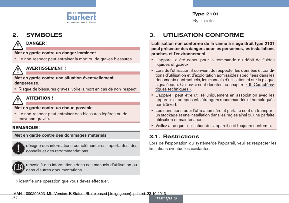 Symboles, Utilisation conforme, Conforme | Burkert Type 2101 User Manual | Page 32 / 46