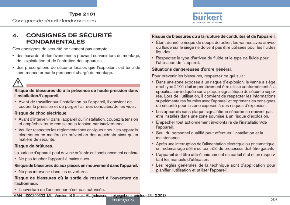 Consignes de sécurité fondamentales | Burkert Type 2101 User Manual | Page 33 / 46