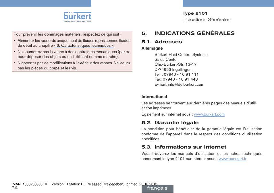 Indications générales | Burkert Type 2101 User Manual | Page 34 / 46
